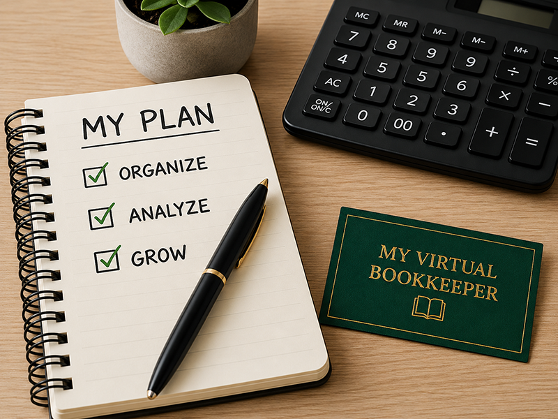 My Virtual Bookkeeper plan notebook with organize, analyze, and grow checklist
