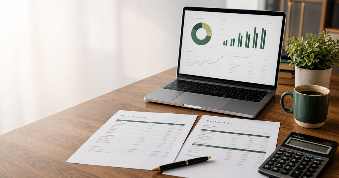Virtual bookkeeping dashboard, financial reports, and calculator on an organized desk